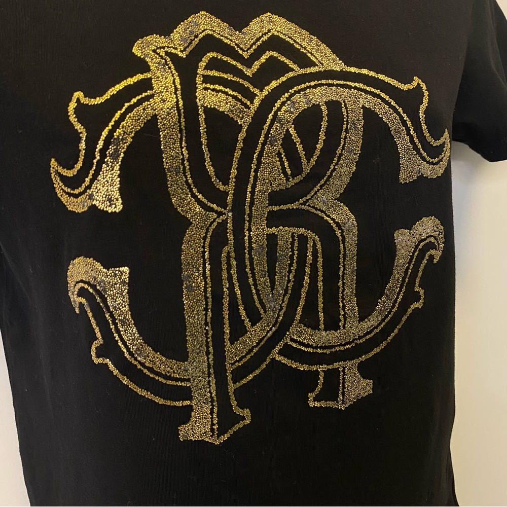 Authentic Roberto Cavalli Black Gold Foil RC Logo Tee L Hologram Tag FST678 - Picture 3 of 10
